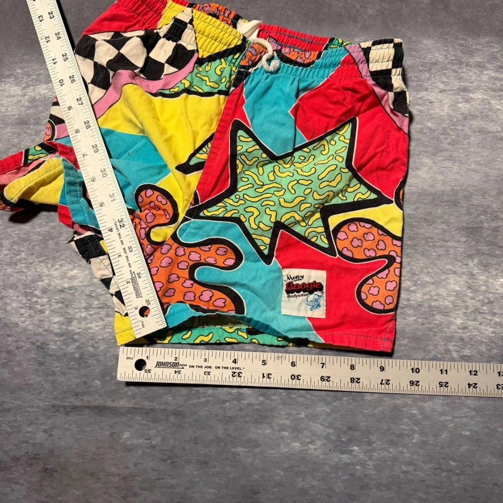 VTG Morey Boogie Kids S Swim Shorts 90s Abstract Neon Geometric Surf Trunks AOP